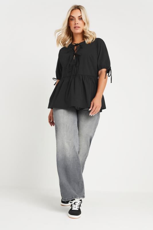 LIMITED COLLECTION Plus Size Black Bow Tie Front Peplum Top